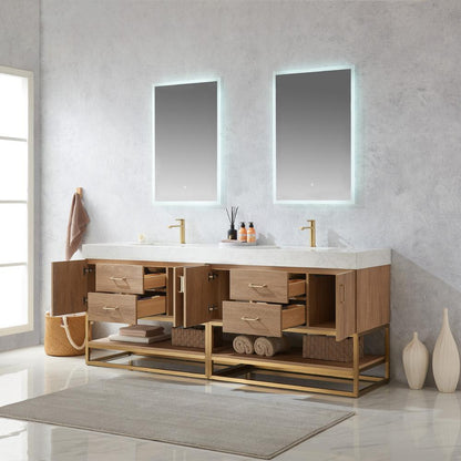 84" Double Sink Bath Vanity with White Grain Stone Countertop and Mirror