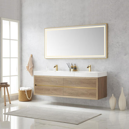 Double Sink Wall-Mount Bath Vanity Composite Integral Sink Top and Mirror