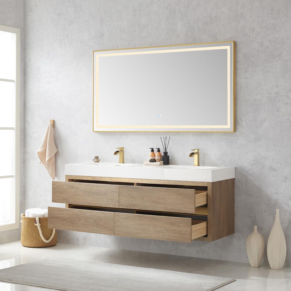 Double Sink Wall-Mount Bath Vanity Composite Integral Sink Top and Mirror