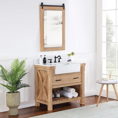 Single Bath Vanity with Composite Stone Top, White Farmhouse Basin and Mirror