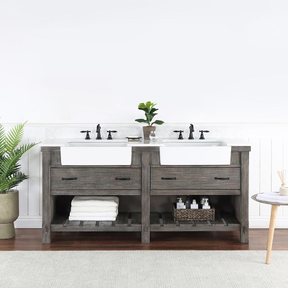 Double Bath Vanity with Composite Stone Top, White Farmhouse Basin