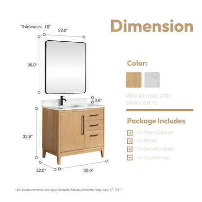 Gara 36" Free-standing Single Bath Vanity in Washed Ash Grey