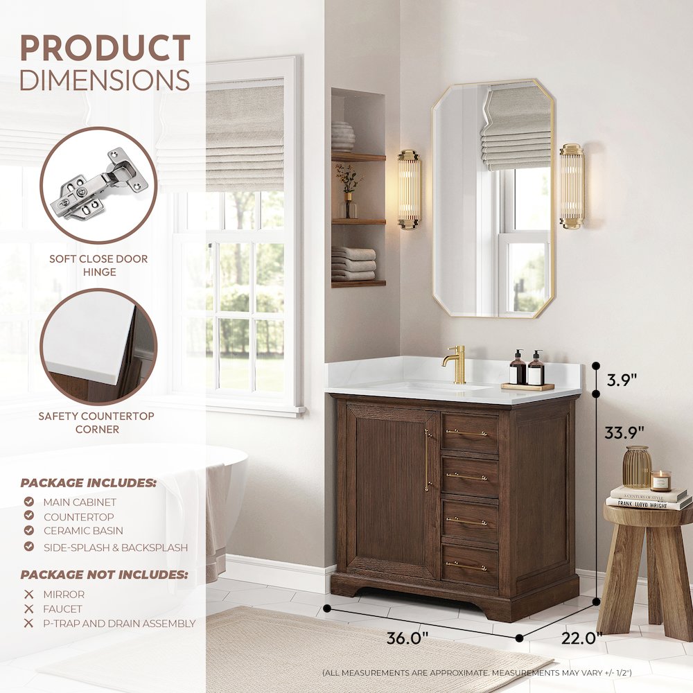 Tokyo 36" Freestanding Single Bath Vanity in Aged Dark Brown Oak