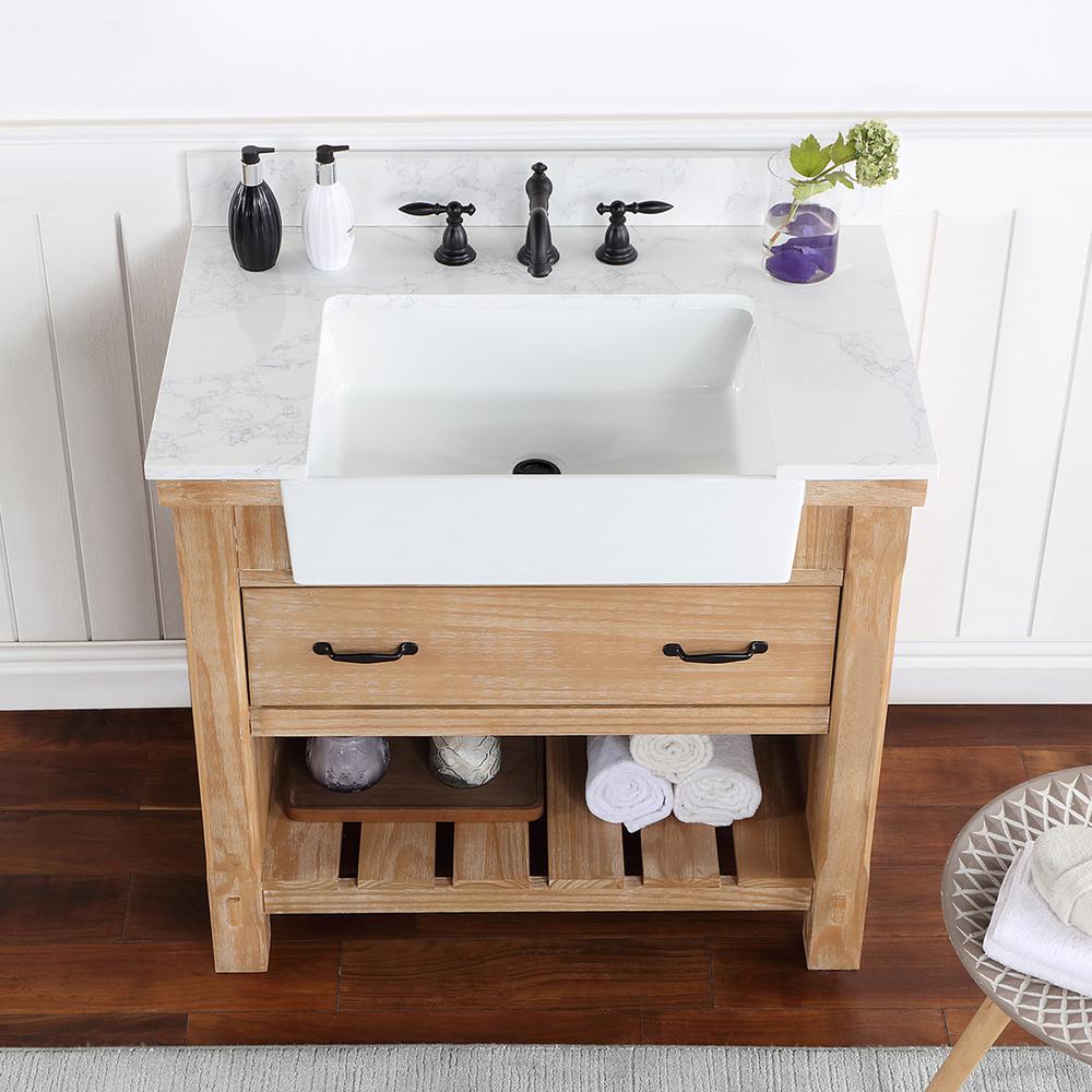 Single Bath Vanity with Composite Stone Top, White Farmhouse Basin