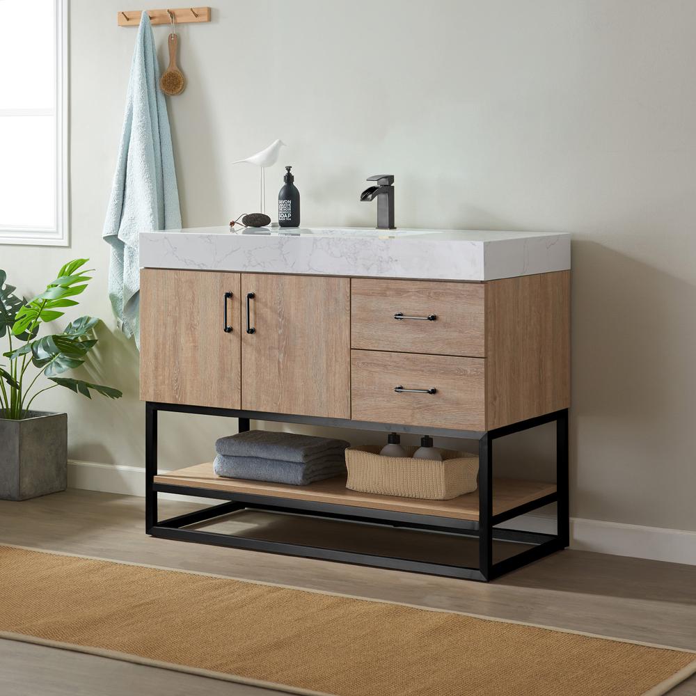 42B" Single Vanity with White Grain Stone Countertop Without Mirror