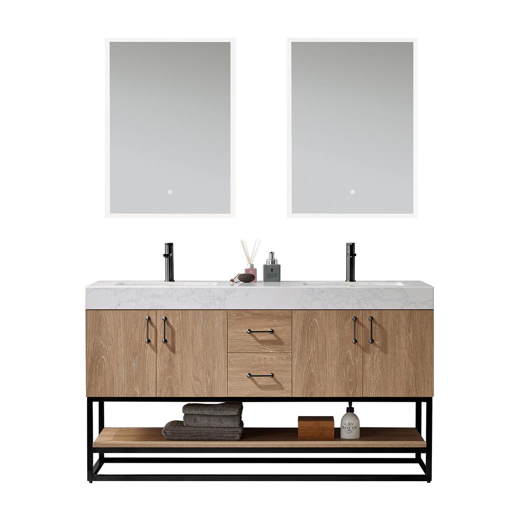 60B" Double Vanity with White Grain Stone Countertop With Mirror