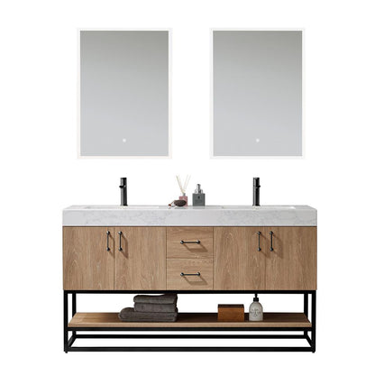 60B" Double Vanity with White Grain Stone Countertop With Mirror