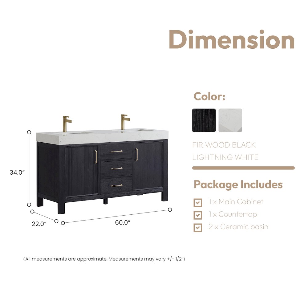León 60in. Free-standing Double Bathroom Vanity in Fir Wood Black