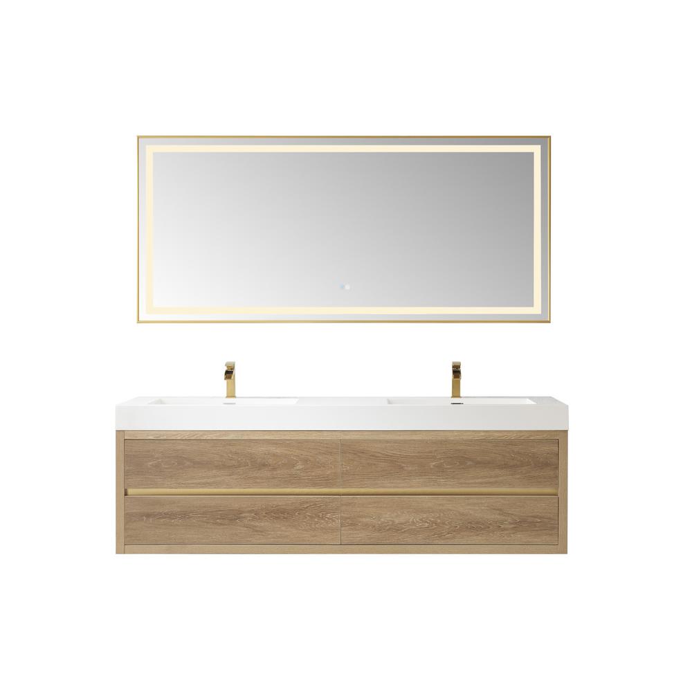 Double Sink Wall-Mount Bath Vanity Composite Integral Sink Top and Mirror