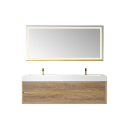 Double Sink Wall-Mount Bath Vanity Composite Integral Sink Top and Mirror