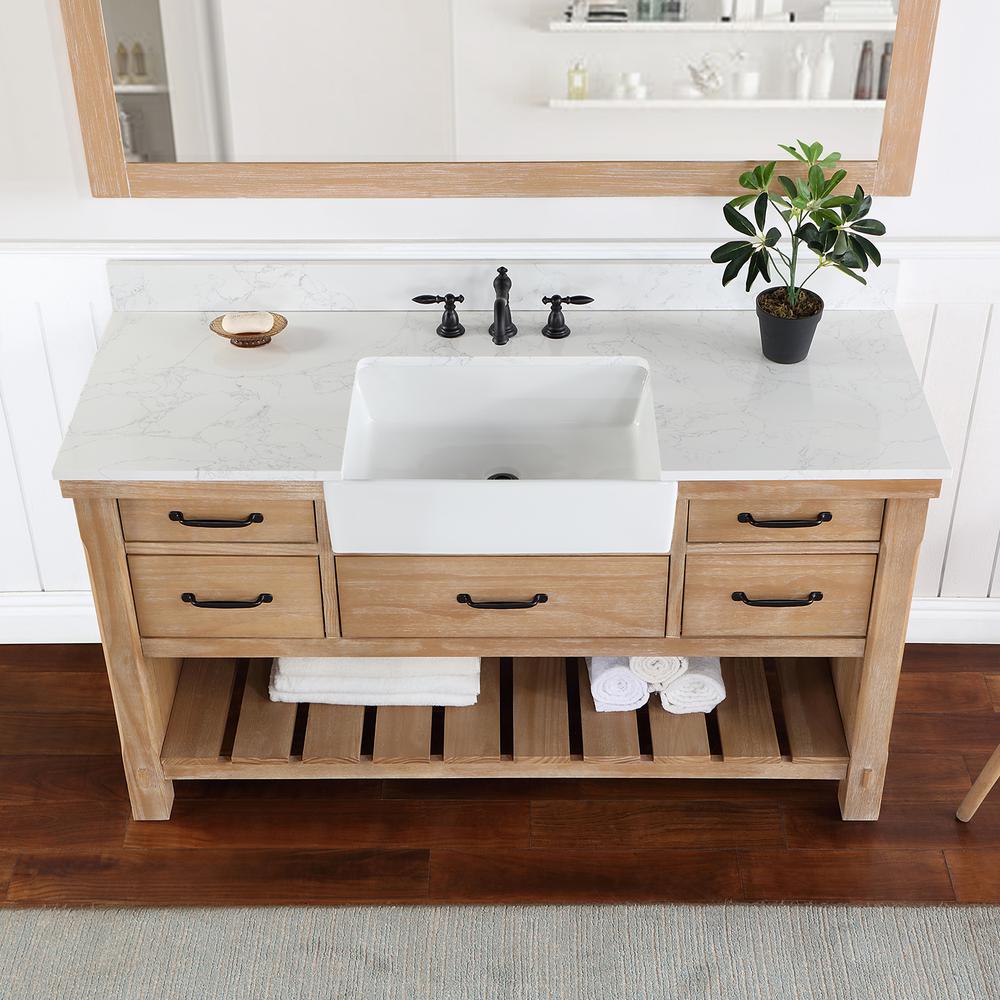 Single Bath Vanity with Composite Stone Top, White Farmhouse Basin and Mirror