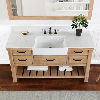 Single Bath Vanity with Composite Stone Top, White Farmhouse Basin and Mirror