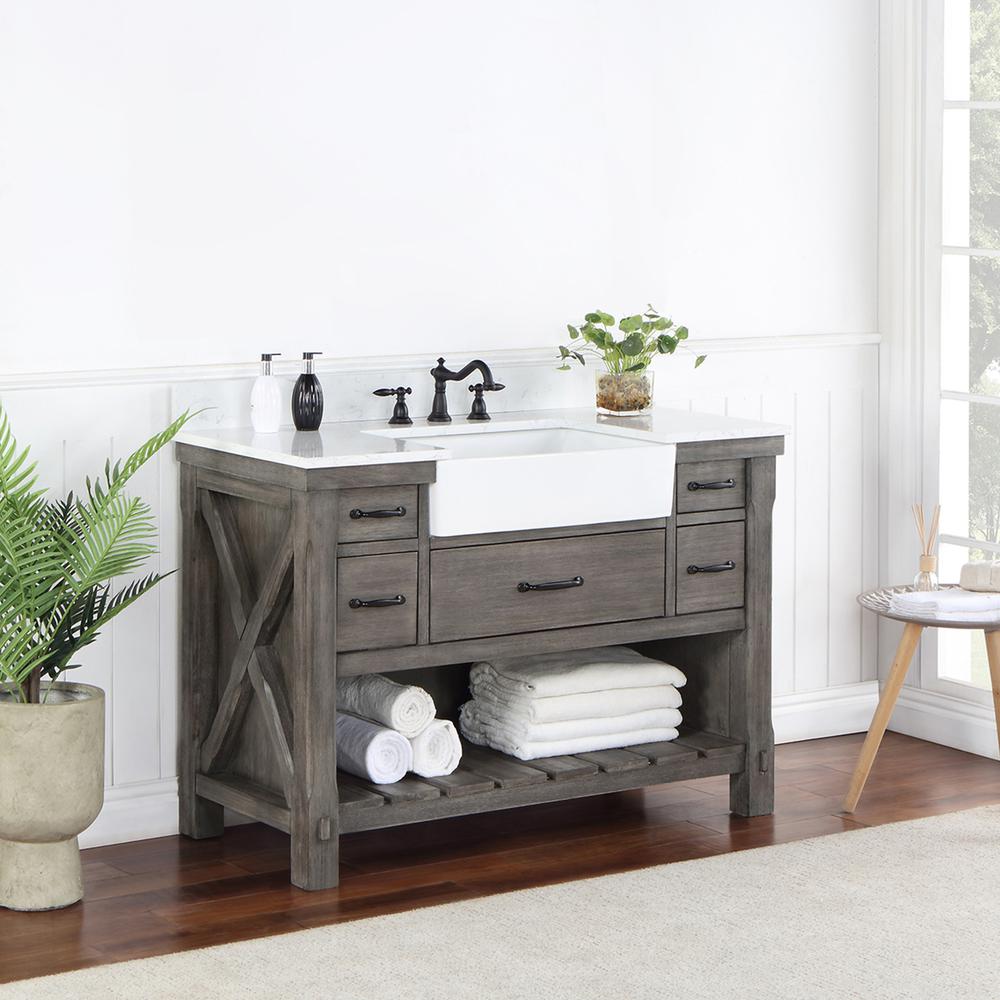 Single Bath Vanity with Composite Stone Top, White Farmhouse Basin