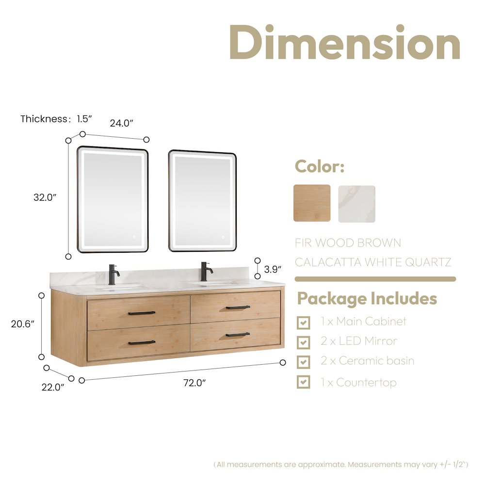 Cristo 72" Floating Double Bath Vanity in Fir Wood Brown