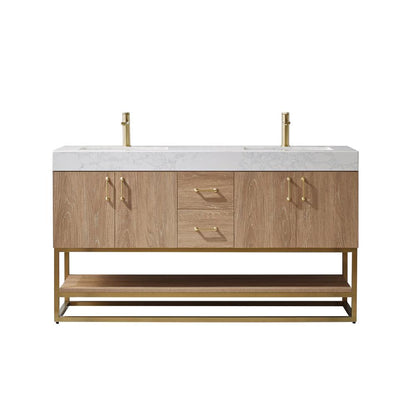 60" Double Vanity with White Grain Stone Countertop Without Mirror