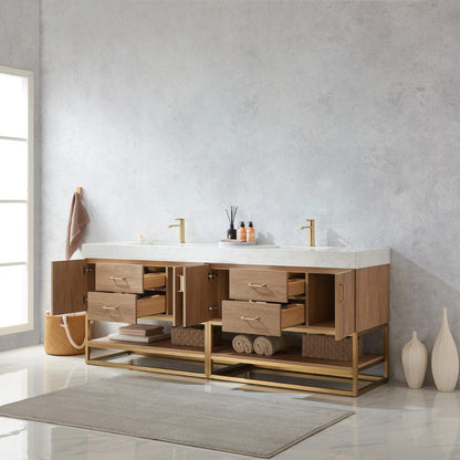 84" Double Sink Bath Vanity with White Grain Stone Countertop