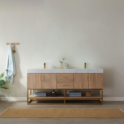 72" Double Vanity with White Grain Stone Countertop Without Mirror