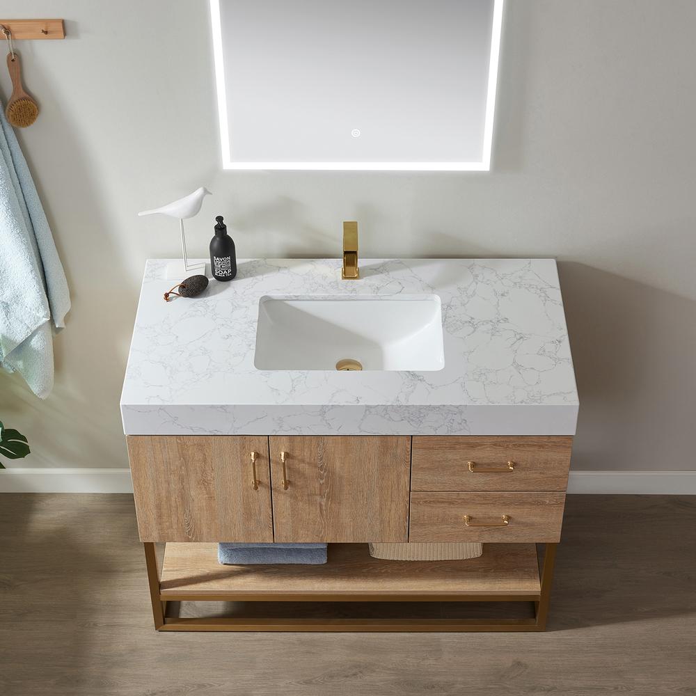 42" Single Vanity with White Grain Stone Countertop With Mirror
