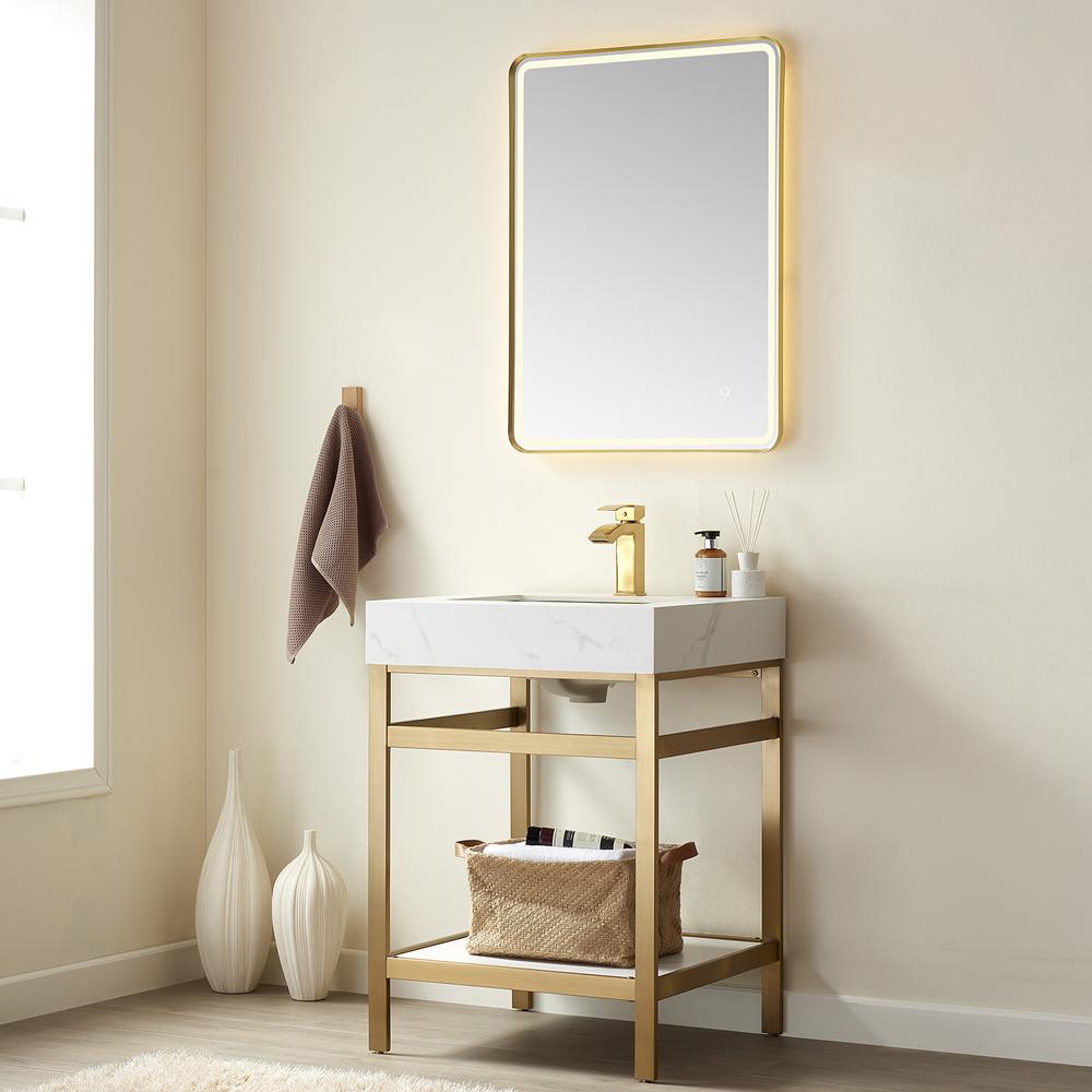 Single Sink Bath Vanity Metal Support with White Sintered Stone Top and Mirror
