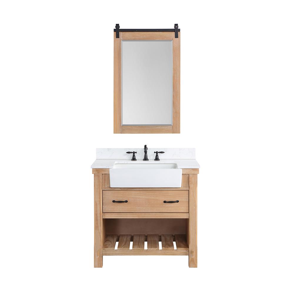 Single Bath Vanity with Composite Stone Top, White Farmhouse Basin and Mirror