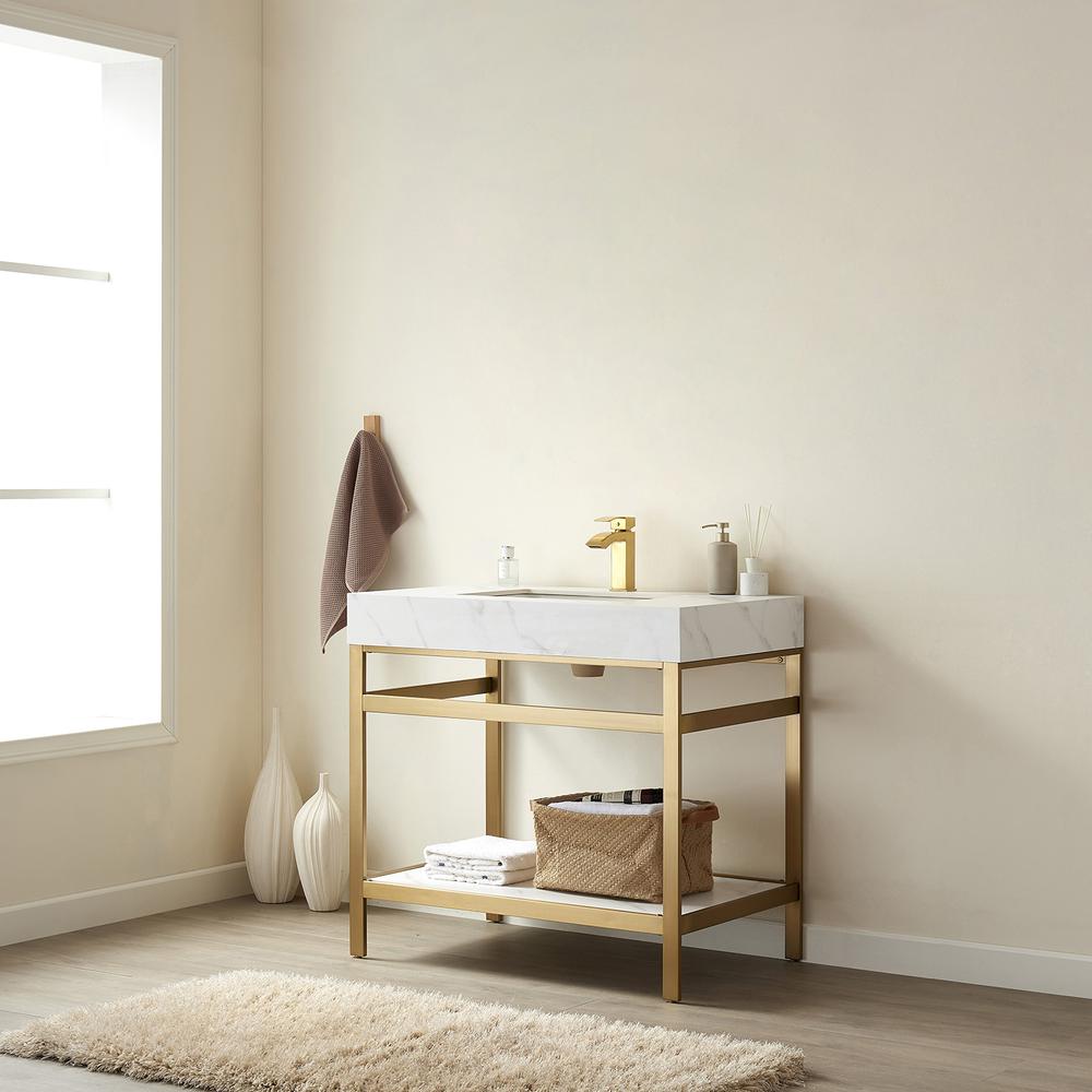 Single Sink Bath Vanity Metal Support with White Sintered Stone Top