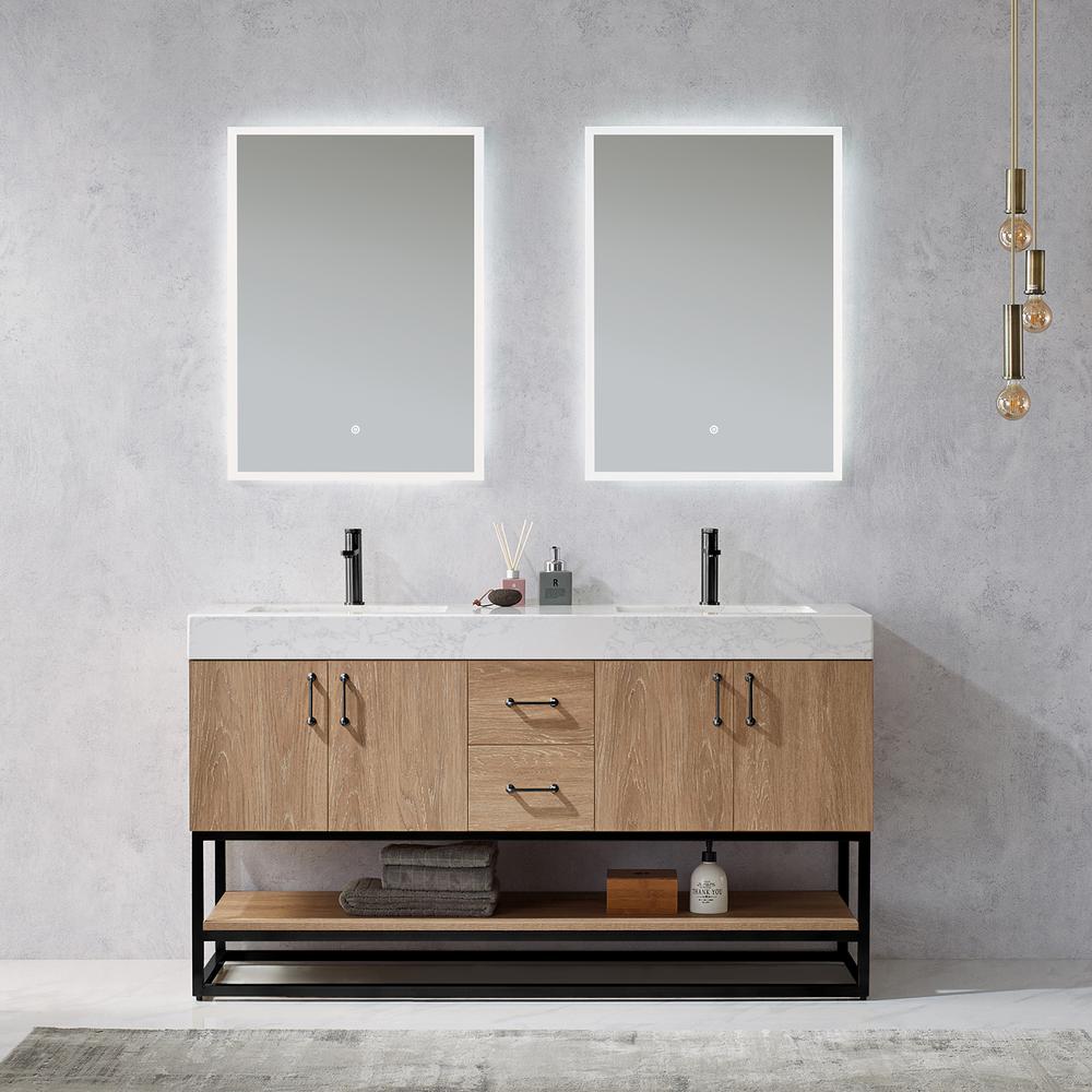 60B" Double Vanity with White Grain Stone Countertop With Mirror