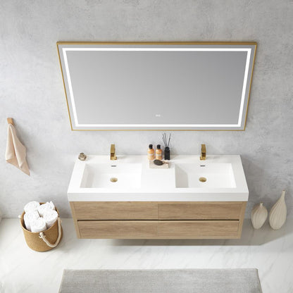 Double Sink Wall-Mount Bath Vanity Composite Integral Sink Top and Mirror