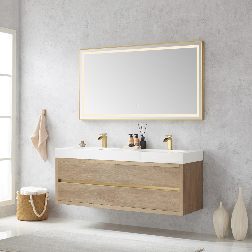 Double Sink Wall-Mount Bath Vanity Composite Integral Sink Top and Mirror