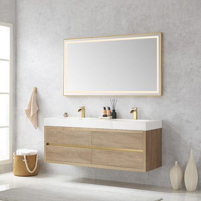 Double Sink Wall-Mount Bath Vanity Composite Integral Sink Top and Mirror