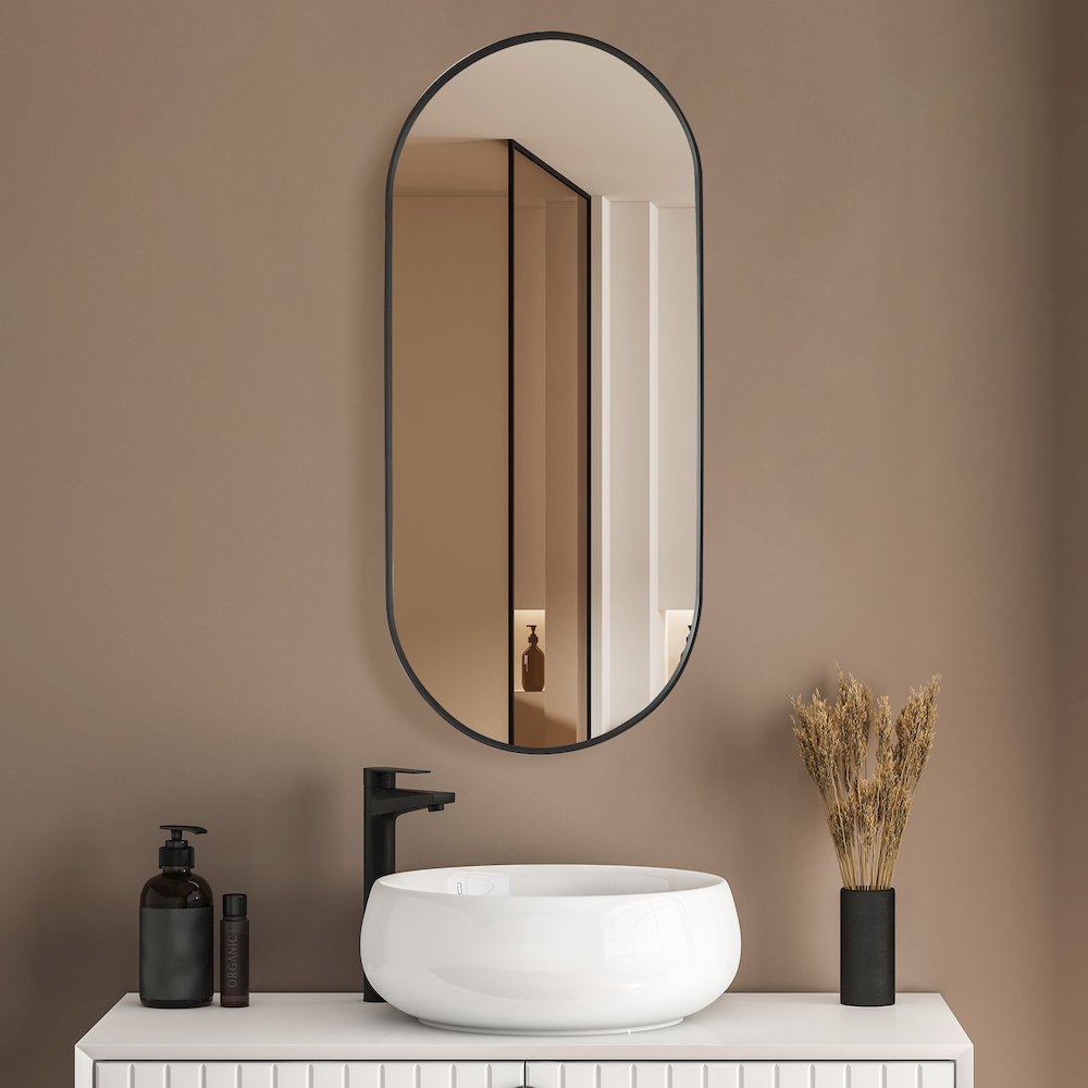 Oval Aluminum Framed Wall Mount Bathroom Vanity Mirror in Brushed Black