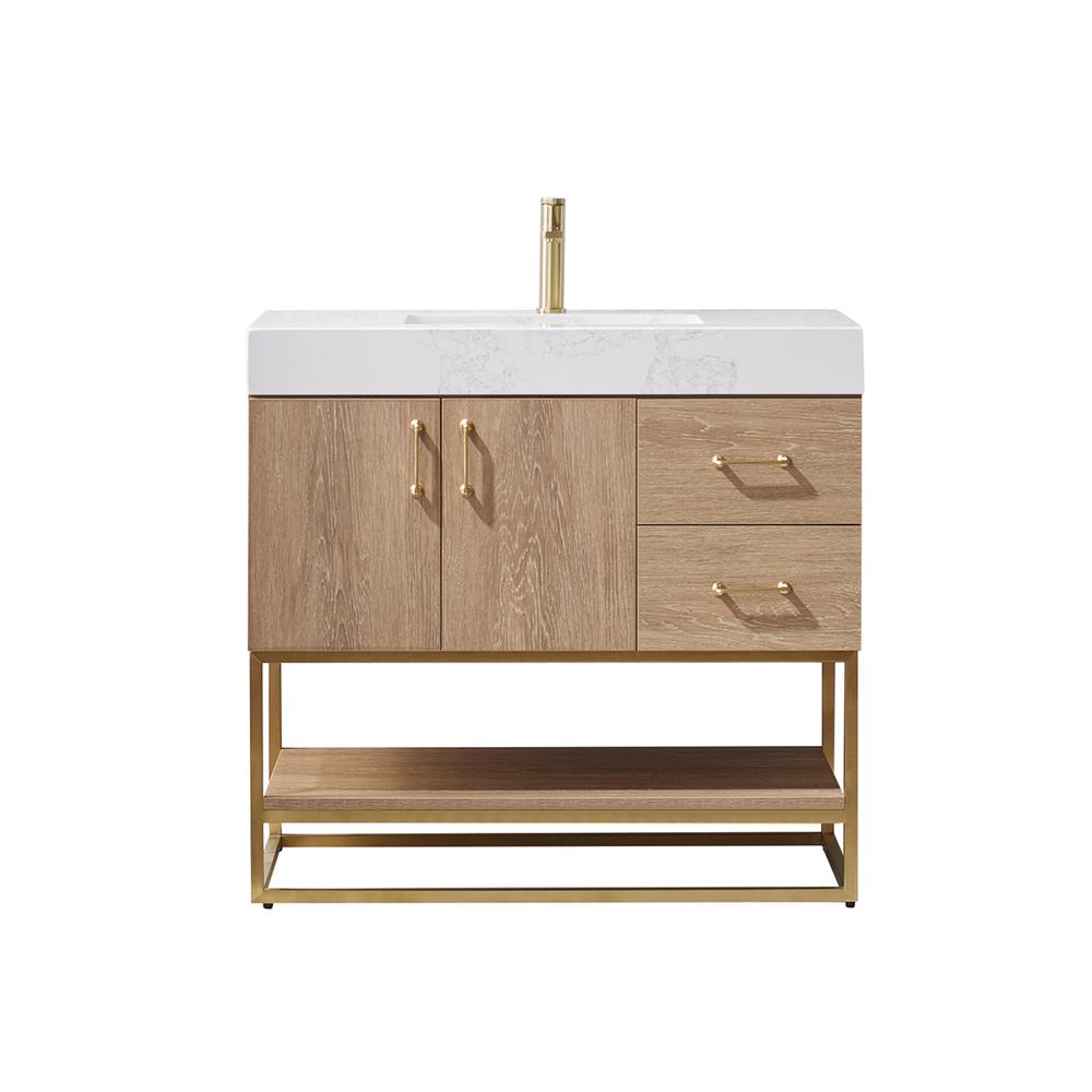 36" Single Vanity with White Grain Stone Countertop Without Mirror