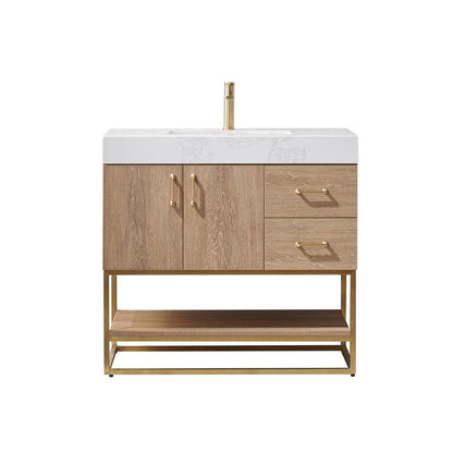 36" Single Vanity with White Grain Stone Countertop Without Mirror