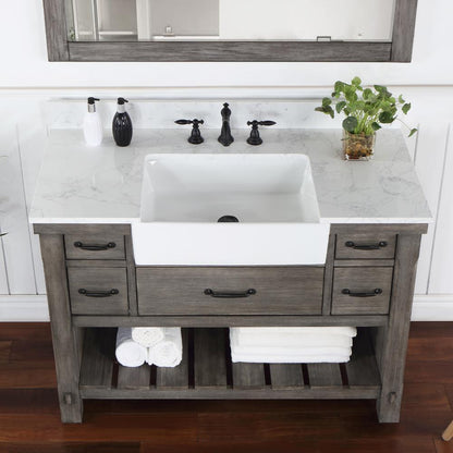 Single Bath Vanity with Composite Stone Top, White Farmhouse Basin and Mirror