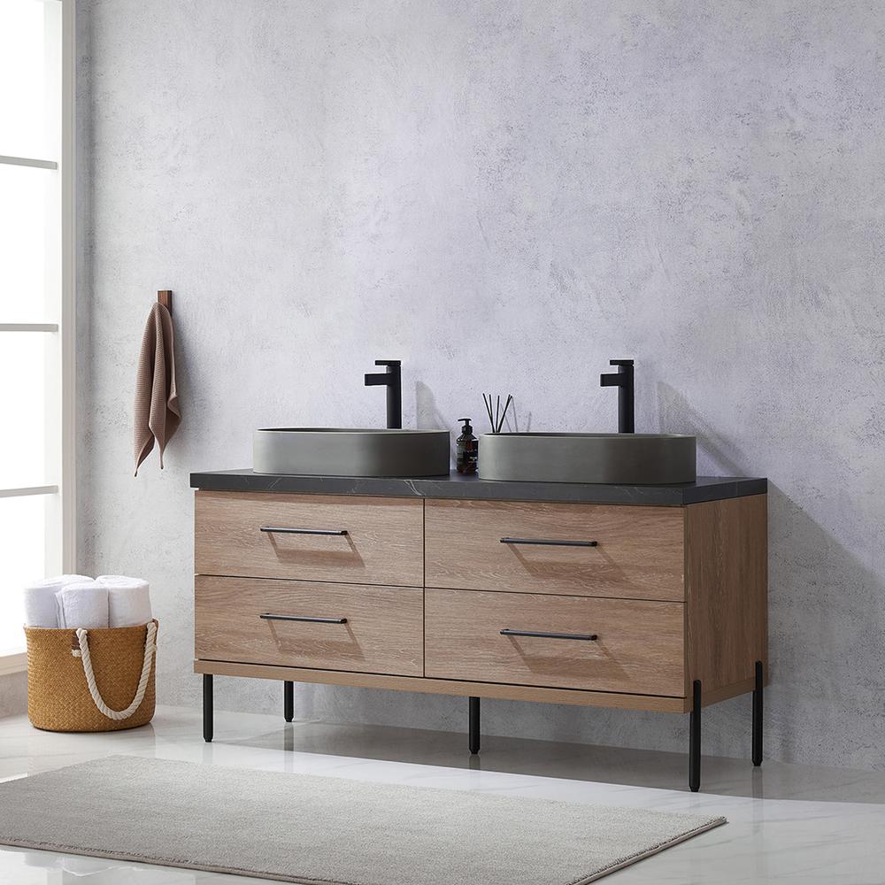 Double Sink Bath Vanity with Black Sintered Stone Top with Concrete Sink
