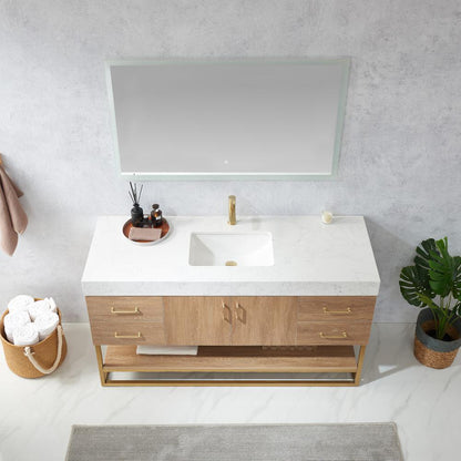 60" Single Sink Bath Vanity with White Grain Stone Countertop and Mirror