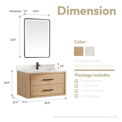 Cristo 36" Floating Single Bath Vanity in Fir Wood Brown