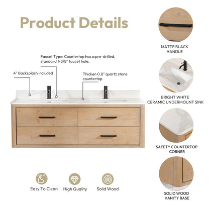 Cristo 60M" Floating Double Bath Vanity in Fir Wood Brown