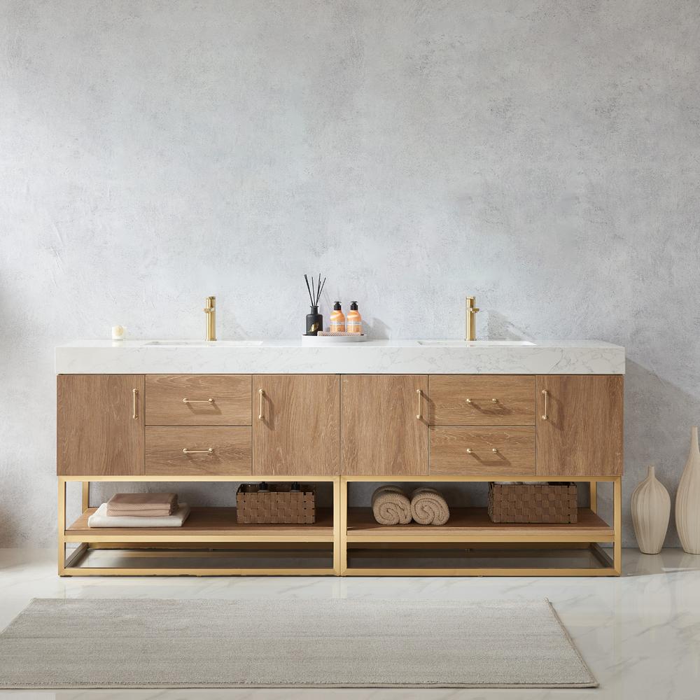 84" Double Sink Bath Vanity with White Grain Stone Countertop