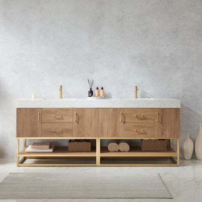 84" Double Sink Bath Vanity with White Grain Stone Countertop