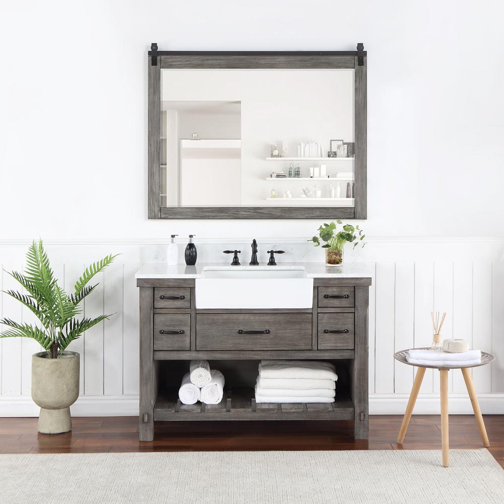 Single Bath Vanity with Composite Stone Top, White Farmhouse Basin and Mirror