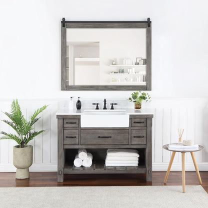 Single Bath Vanity with Composite Stone Top, White Farmhouse Basin and Mirror