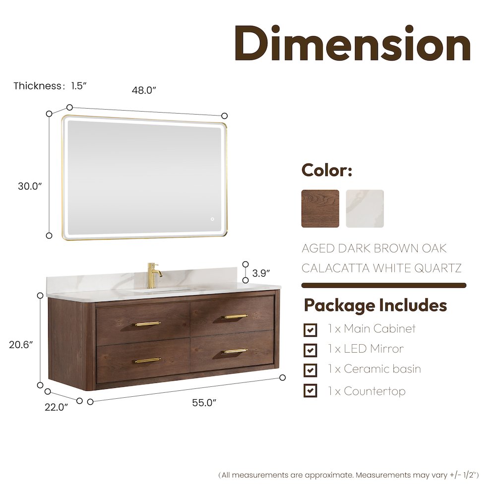 Cristo 55" Floating Single Bath Vanity in Aged Dark Brown Oak