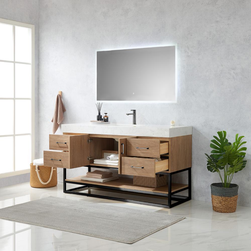 60BS" Single Sink Bath Vanity with White Grain Stone Countertop and Mirror