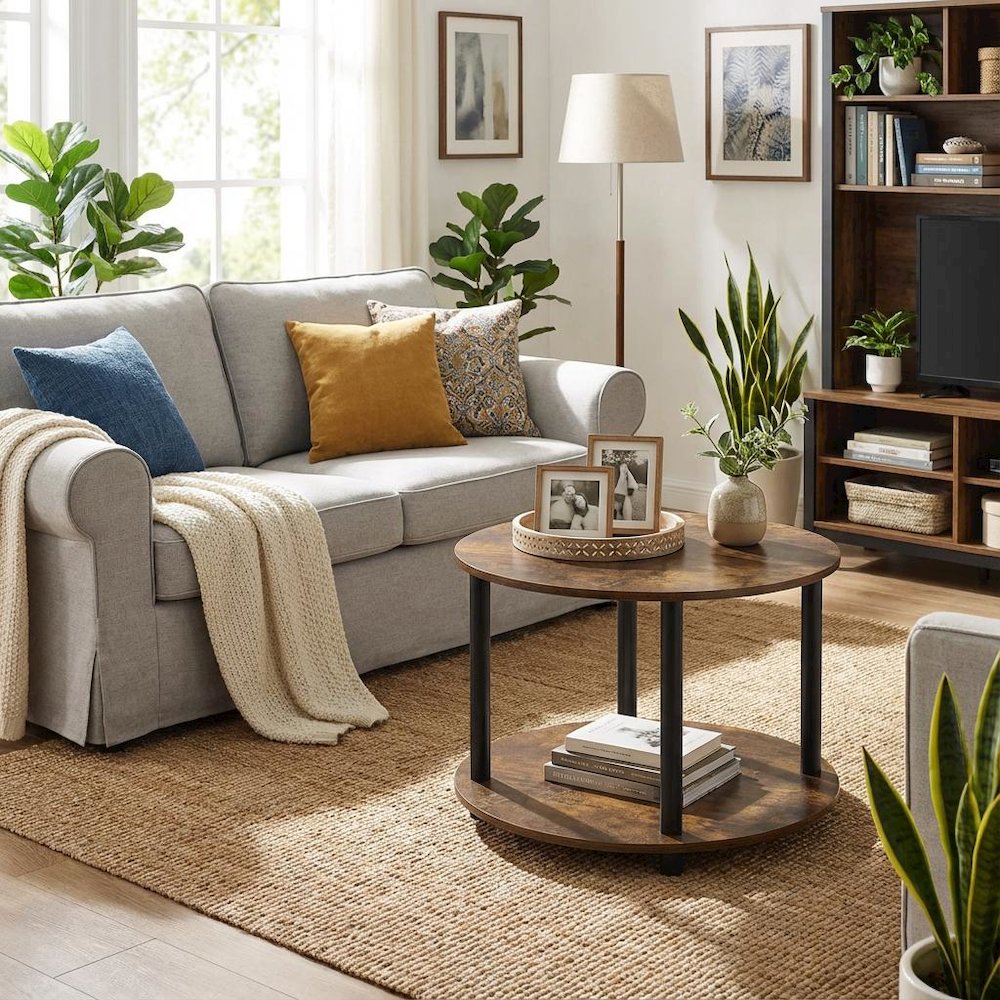 Round 2-Tier Coffee Table with Simple Design and Engineered Wood Frame