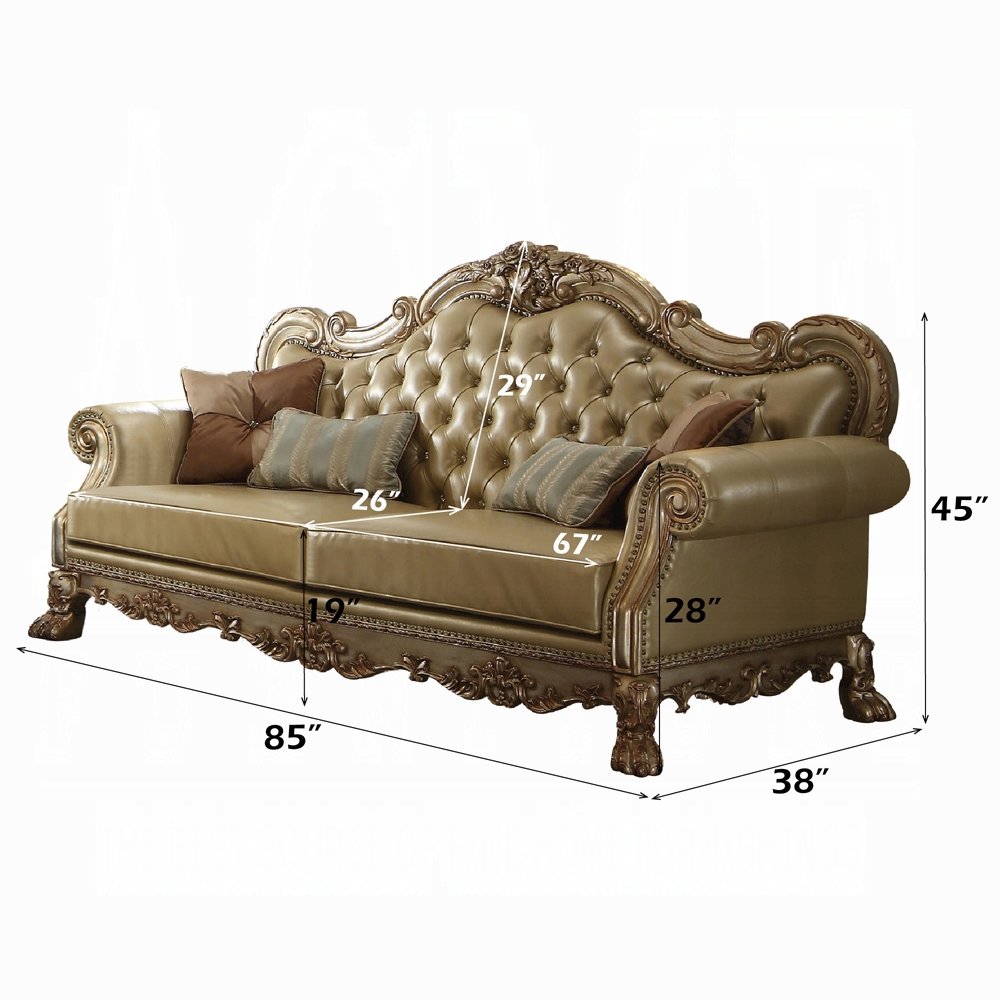 Dresden Sofa w/4 Pillows, Bone Leatherette & Gold Patina