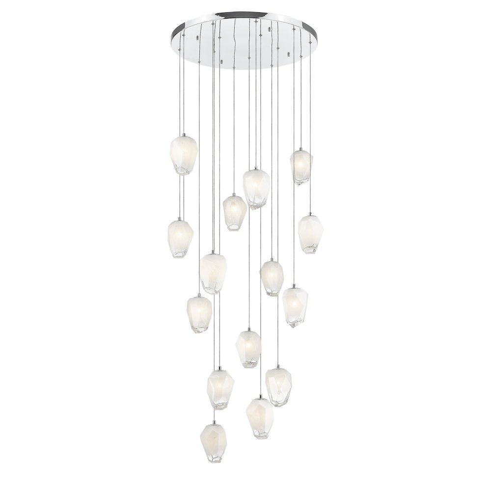 15-Light Chrome Chandelier With White Glass Pendants