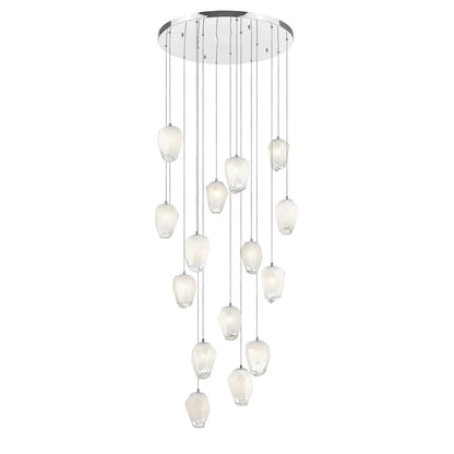 15-Light Chrome Chandelier With White Glass Pendants