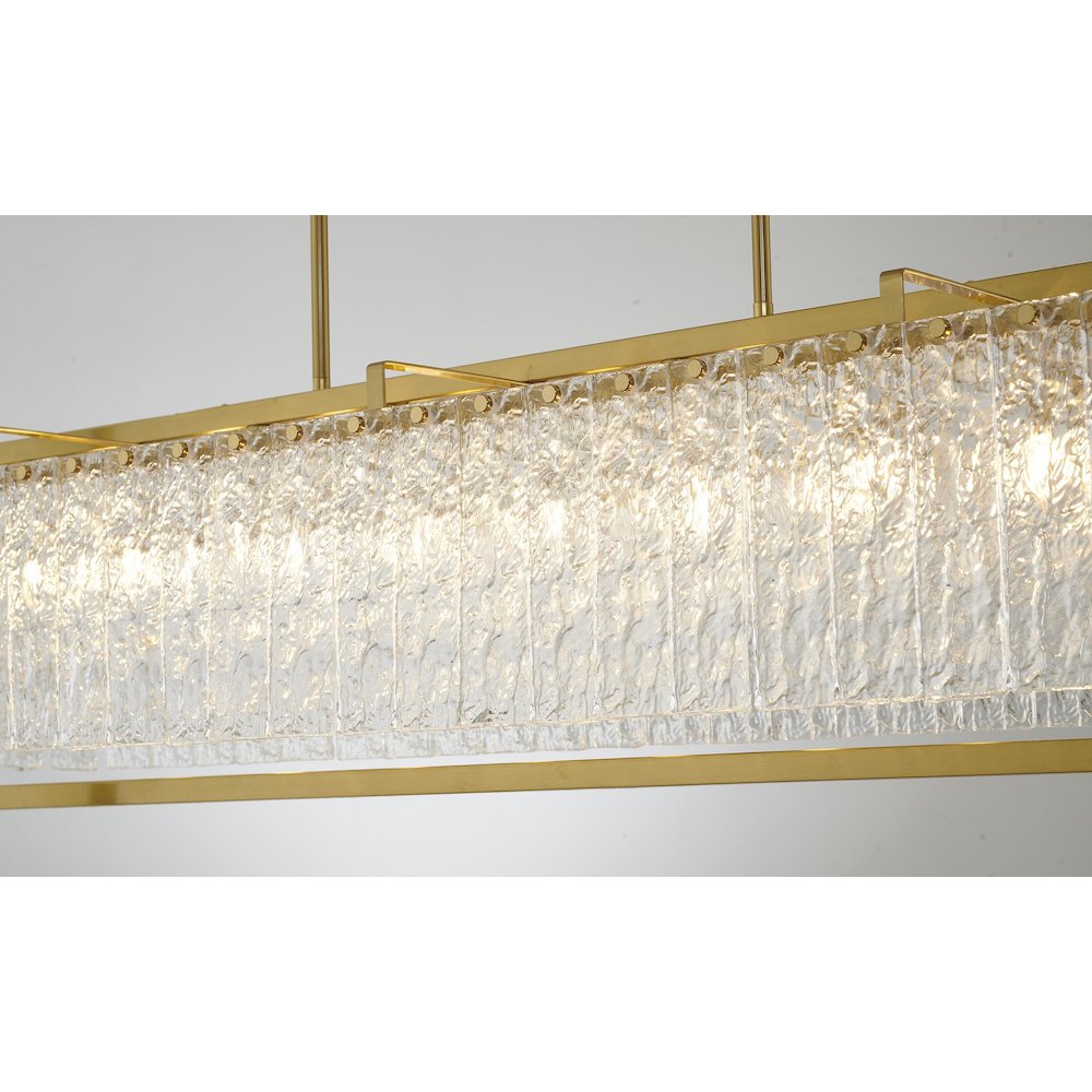 9-Light Brass Chandelier With Hanging Clear Rippled Glass