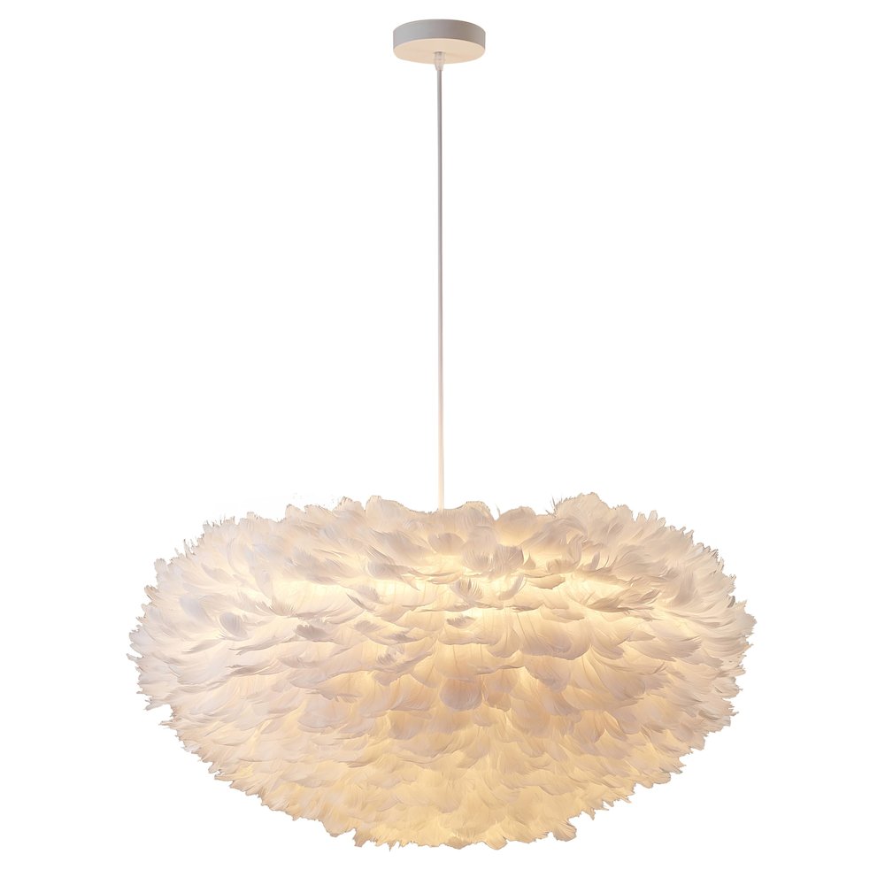 1-Light Light White Goose Fether Chandelier With A White Iron Frame