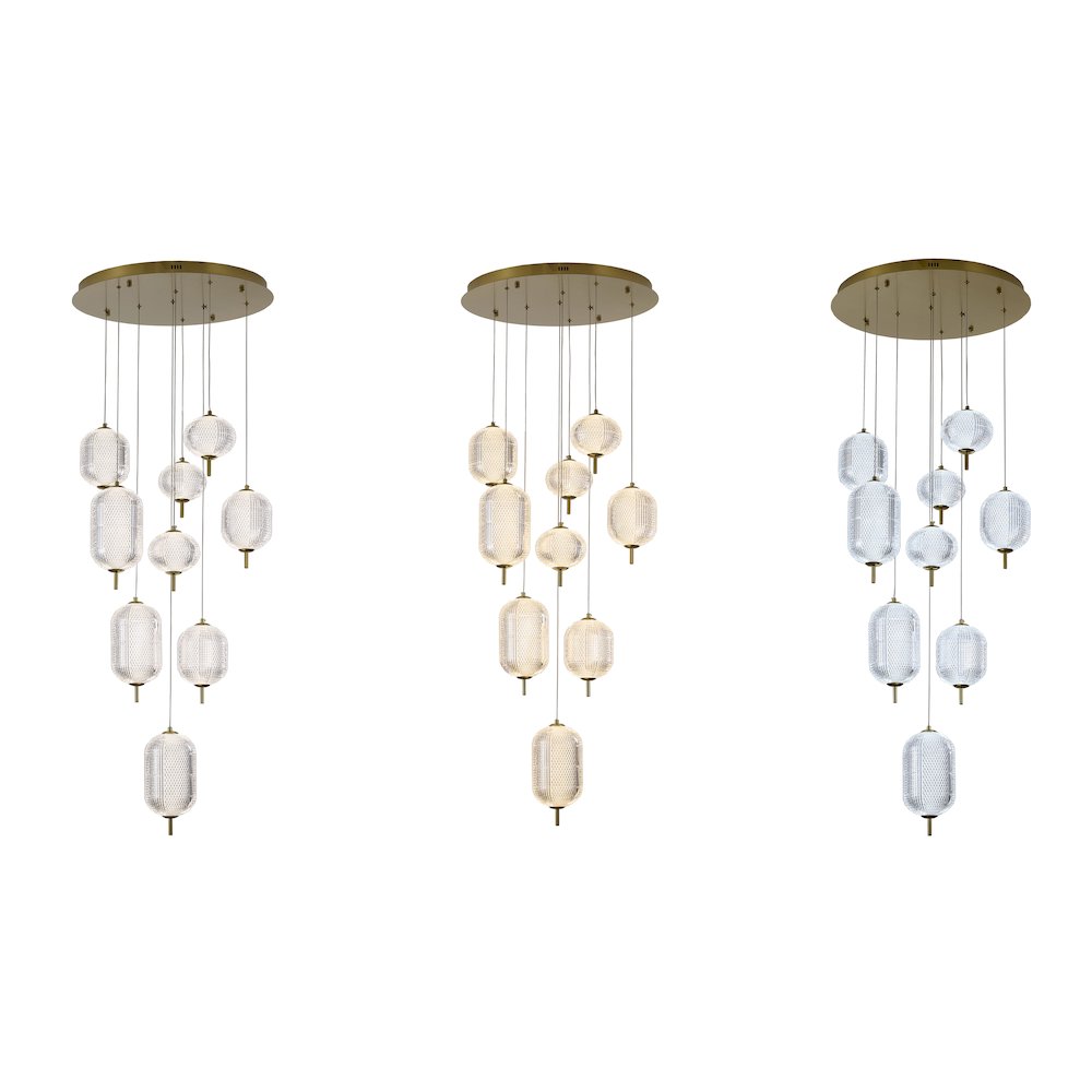 9-Light Flushed Brass Dimmable LED Chandelier With Hanging Clear  PC shades